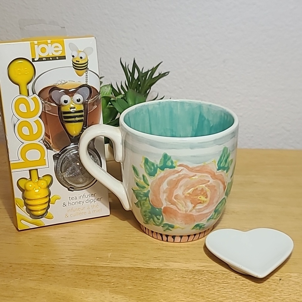 Time for tea Floral studio pottery mug, heart tea Pat with tea infuser